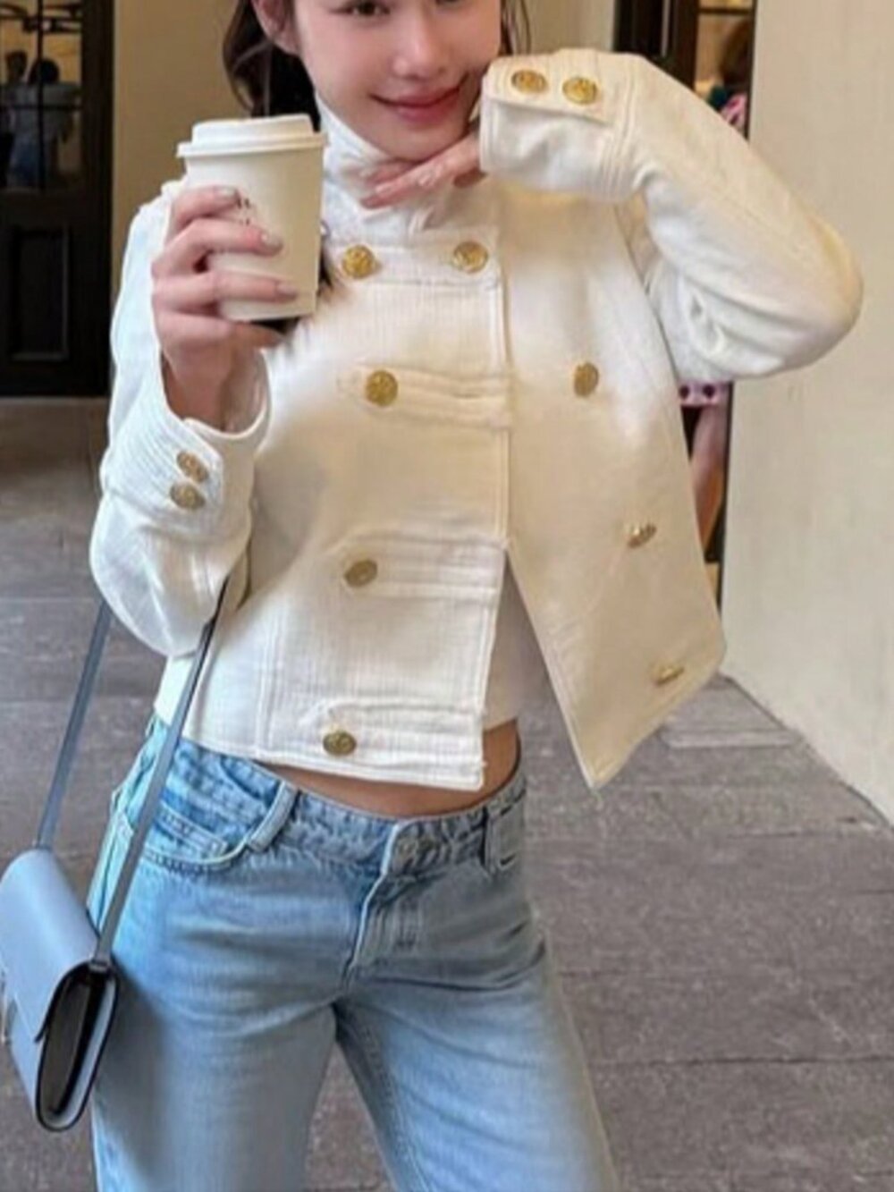 White Casual Women's Elegant Gold-Plated Button Jacket - Picture 6 of 10
